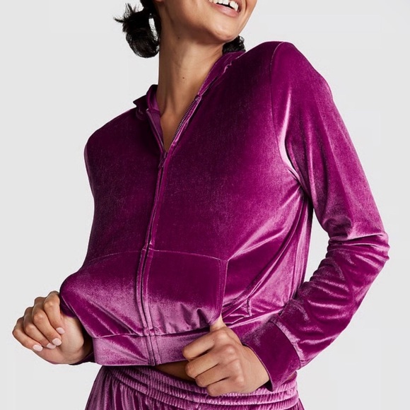 PINK Victorias Secret Medium Mauve Jacket Zip Up Hoodie Crop Velour Velvet Bling - Picture 2 of 8
